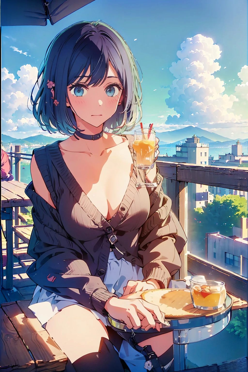 (Highest quality:1.4、masterpiece:1.4、Super detailed:1.4、Ultra-high resolution:1.4、8K:1.4)、Slim body、Big Breasts、((((1 person、Surprised expression、sit、Chair、In the background are the urban buildings of Tokyo、looking at the camera、coastal、Outdoor café terrace、juice、Get up close and take a photo、table、Very cute face))))、((((nude、very beautiful areola))))、(Pose with hands tucked behind ears:1.4、Cheek resting on hand:1.4)、(((Black off-the-shoulder cardigan)))、valley、Leaning forward、Very blue sky、A completely cloudless sky