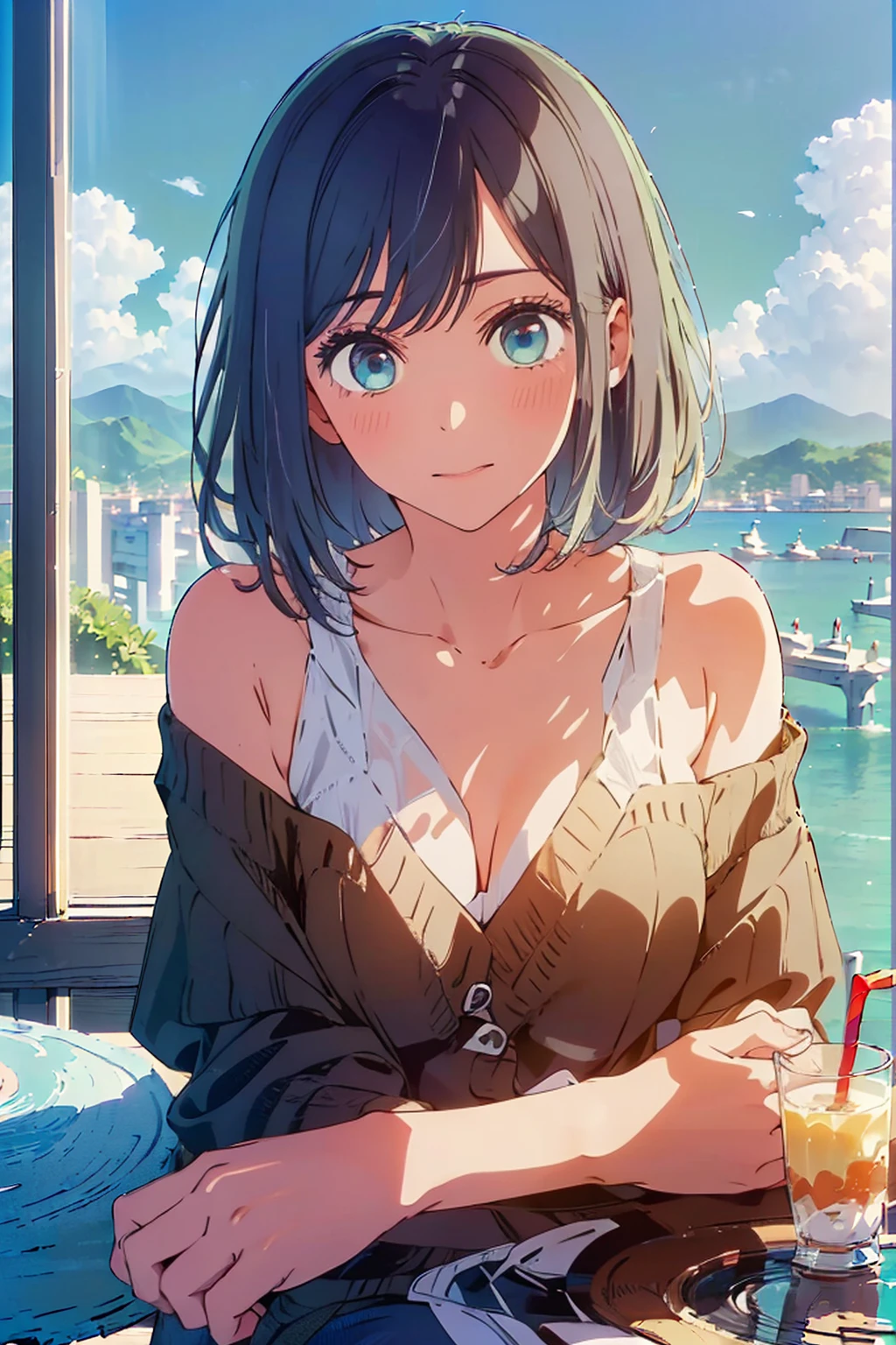 (Highest quality:1.4、masterpiece:1.4、Super detailed:1.4、Ultra-high resolution:1.4、8K:1.4)、Slim body、Big Breasts、((((1 person、Surprised expression、sit、Chair、In the background are the urban buildings of Tokyo、looking at the camera、coastal、Outdoor café terrace、juice、Get up close and take a photo、table、Very cute face))))、((((nude、very beautiful areola))))、(Pose with hands tucked behind ears:1.4、Cheek resting on hand:1.4)、(((Black off-the-shoulder cardigan)))、valley、Leaning forward、Very blue sky、A completely cloudless sky
