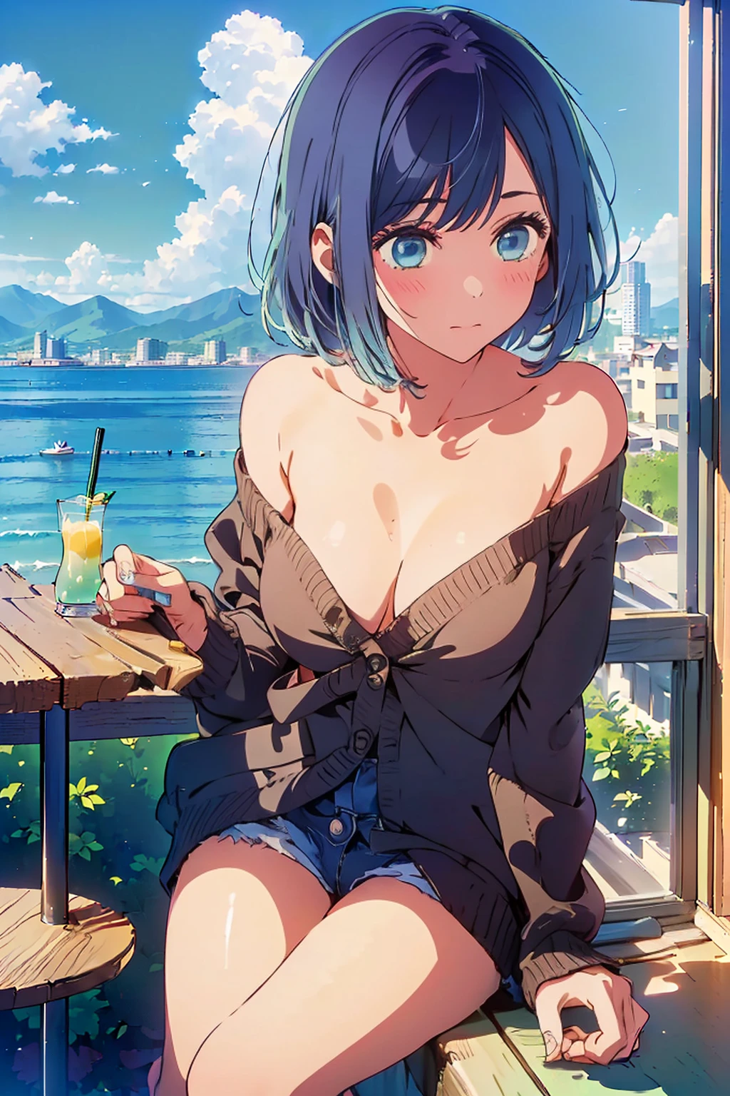 (Highest quality:1.4、masterpiece:1.4、Super detailed:1.4、Ultra-high resolution:1.4、8K:1.4)、Slim body、Big Breasts、((((1 person、Surprised expression、sit、Chair、In the background are the urban buildings of Tokyo、looking at the camera、coastal、Outdoor café terrace、juice、Get up close and take a photo、table、Very cute face))))、((((nude、very beautiful areola))))、(Pose with hands tucked behind ears:1.4、Cheek resting on hand:1.4)、(((Black off-the-shoulder cardigan)))、valley、Leaning forward、Very blue sky、A completely cloudless sky