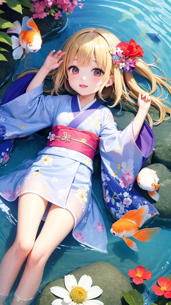summer　kimono　Goldfish　flower　Girl　clear　cute　Emotional
