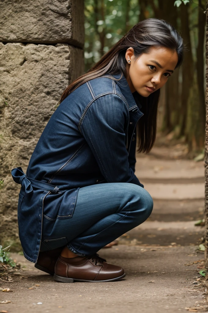 Woman crouching showing her lisioaso marked Toto