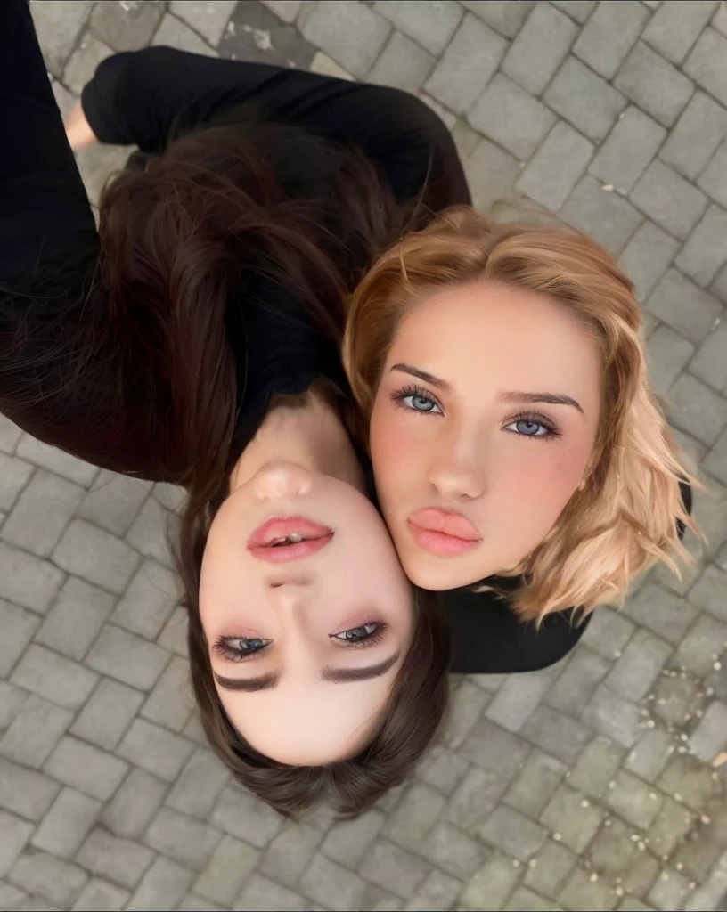 two women lying on the ground with their heads together, two girls, perfect faces, cute girls, 8k selfie photography, beautiful faces, portrait of two girls kissing, two models in the frame, by Emma Andijewska, beautiful portrait of gemini twins, Beautiful girls, a blonde and a brunette, sisters, beautiful faces, profile picture, with a twin
