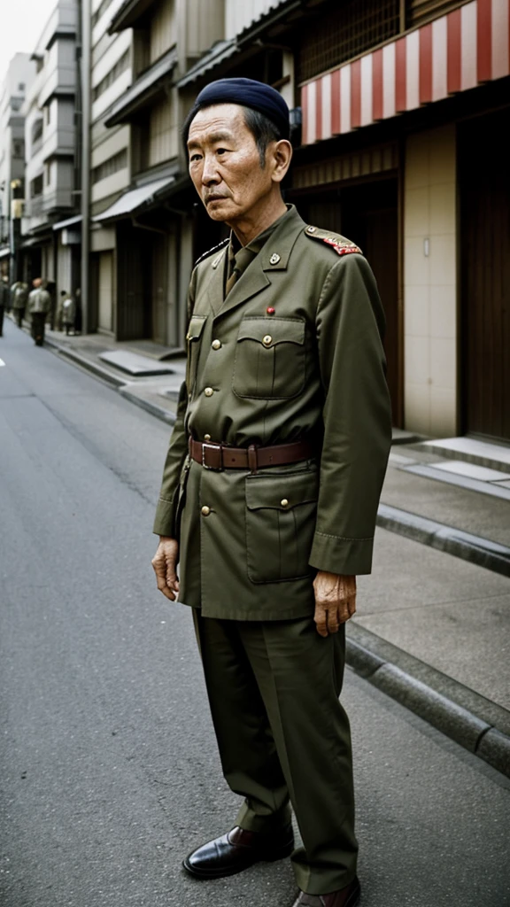 "Hiroo Onoda, in his worn-out World War II uniform, standing on a modern city street in Japan, looking bewildered and out of place.