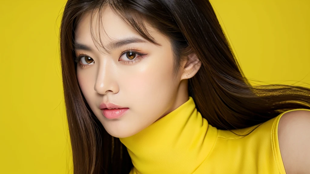 (detailed face),VIVID,pretty,sleeveless and turtle neck yellow silky clothes,4k ,super high resolution ,(photo-realistic: 1.7), yellow background,black long hair,