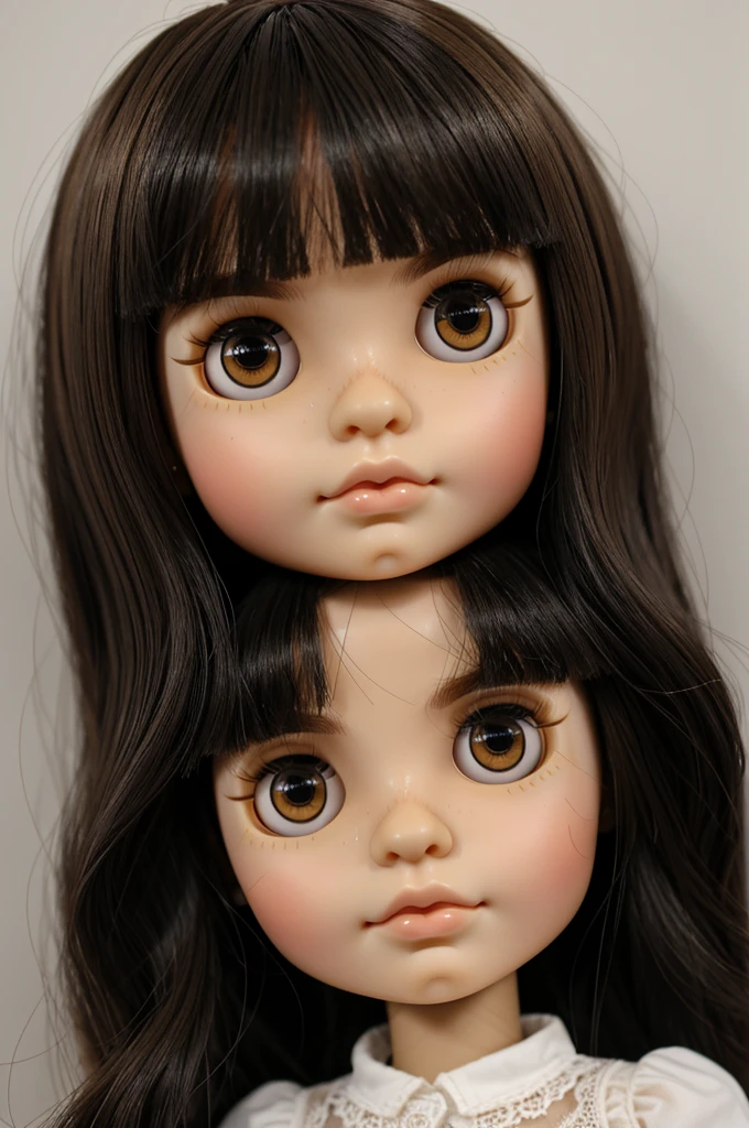 blythe doll with black hair, in layers, medium and smooth, with bangs, very light brown skin, amber eyes, long eyelashes