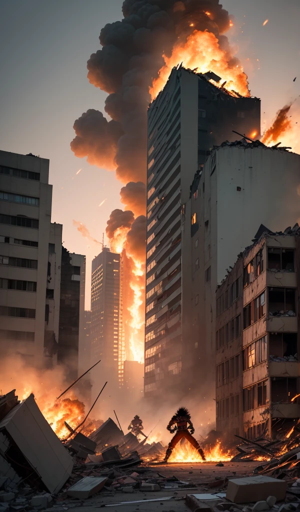 (Anime style, highly detailed), the two Saiyans in a final, desperate clash, their bodies glowing with immense power. The urban environment around them is almost completely destroyed, with flames and rubble everywhere.