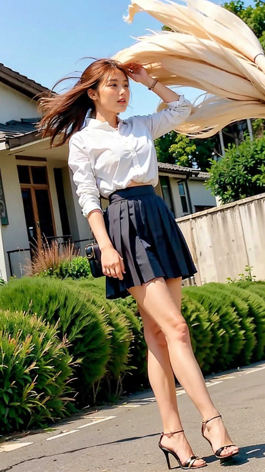 (((A strong wind blows up her hair and skirt:1.62)))、((Viewing angle from below、Highest quality、masterpiece、32k、Every detail))、Descend the outdoor stairs、commute、Systemic symptoms、Traditional navy blue sailor uniform、White blouse、(((Mini Pleated Skirt, No underwear:1.22)))、(( I always wear the strap of my bag across my body..:1.22))、One Girl, alone、((((Big Breasts:1.44、barefoot, High heels))))