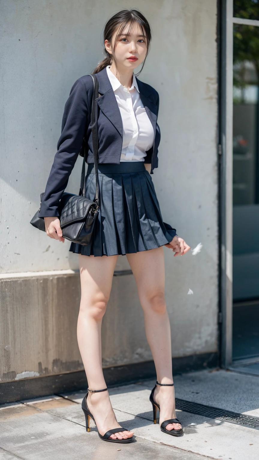 (((A strong wind blows up her hair and skirt:1.62)))、((Viewing angle from below、Highest quality、masterpiece、32k、Every detail))、Descend the outdoor stairs、commute、Systemic symptoms、Traditional navy blue sailor uniform、White blouse、(((Mini Pleated Skirt, No underwear:1.22)))、(( I always wear the strap of my bag across my body..:1.22))、One Girl, alone、((((Big Breasts:1.44、barefoot, High heels))))