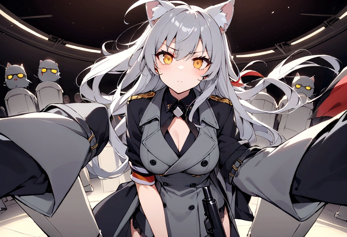 whole body、Raising the German flag in the conference room、Serious face、A large number of subordinates can be seen in the distance、Surrounded by operatives、Give a command、Secret Police Meeting Room、Gray cat ears、Gray cat earasterpiece, best quality:1.2), 1girl, 独奏、Grey long hair、Ahoge、Yellow Eyes、Background of a military base with guns、Fisheye Lens、battlefield、Shadows of light and darkness、Expressionless、battle、Gray trench coat、Surrounded by enemies、whole body