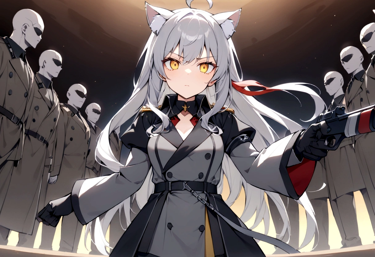 whole body、Raising the German flag in the conference room、Serious face、A large number of subordinates can be seen in the distance、Surrounded by operatives、Give a command、Secret Police Meeting Room、Gray cat ears、Gray cat earasterpiece, best quality:1.2), 1girl, 独奏、Grey long hair、Ahoge、Yellow Eyes、Background of a military base with guns、Fisheye Lens、battlefield、Shadows of light and darkness、Expressionless、battle、Gray trench coat、Surrounded by enemies、whole body