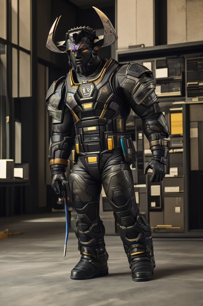 a Obsidius as a futuristic planetary governor in an office, masterpiece, best, photo realistic minotaur governor