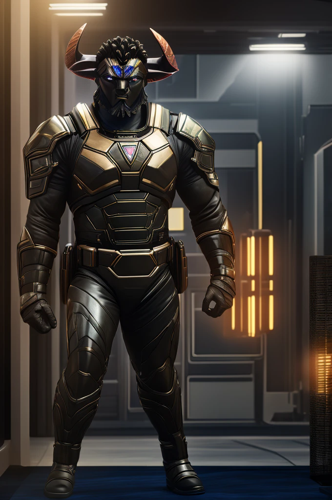 a Obsidius as a futuristic planetary governor in an office, masterpiece, best, photo realistic minotaur governor