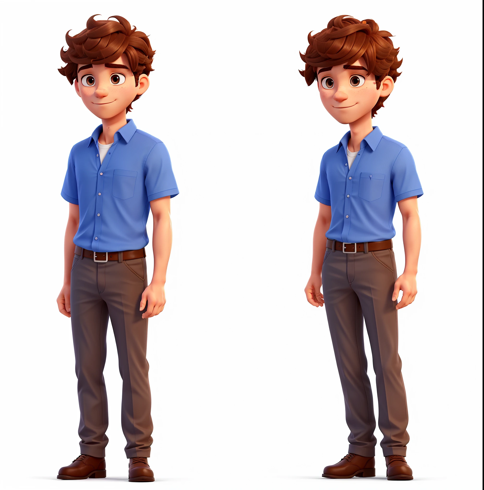 clean visual portrait and white background of a 26 year old man, , short brown semi-curled hair, a plain royal blue shirt,
without gloves, with a black bone, 8k