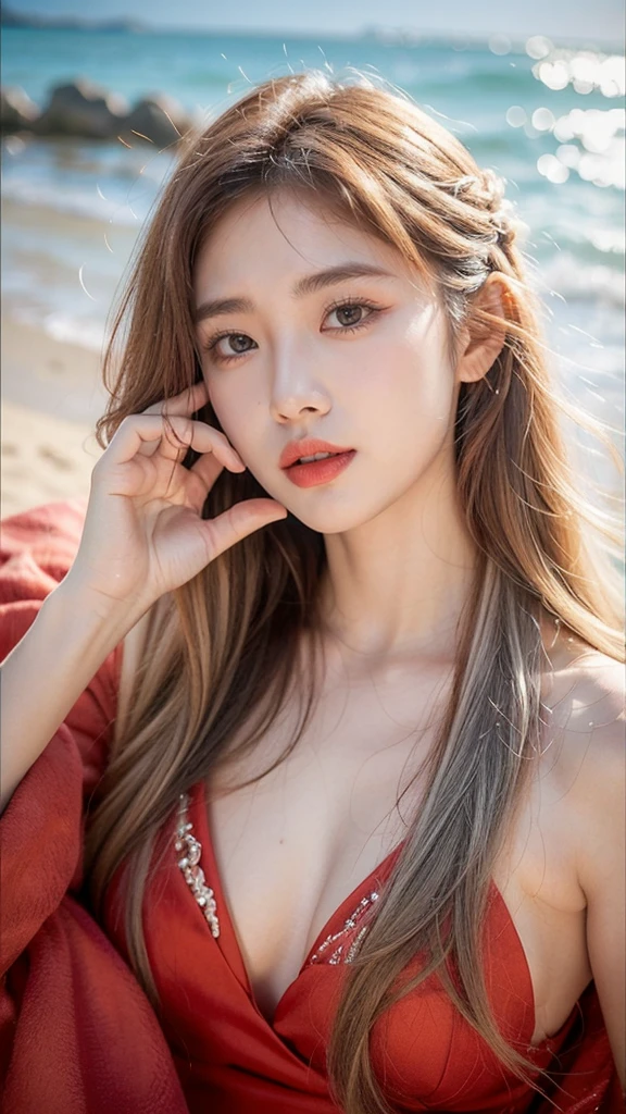 Slender Asian girl, kpop idol, ((swimsuit)), ((top quality, 8k, masterpiece: 1.3)), crisp focus: 1.2, beautiful woman with perfect figure: 1.4, highly detailed face and skin texture, detailed eyes, skinny, beautiful face, symmetrical face, full-length, slightly naked, sexy, the beach in the background