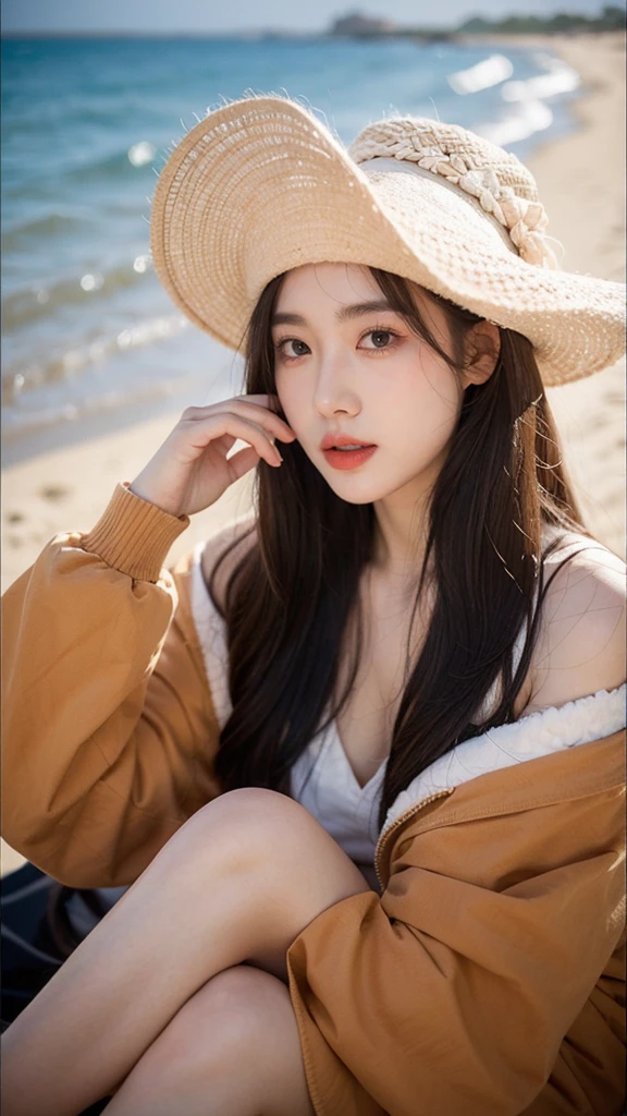 21yo girl, Arafad woman with long white hair sitting on the beach, Portrait of Korean female idol,