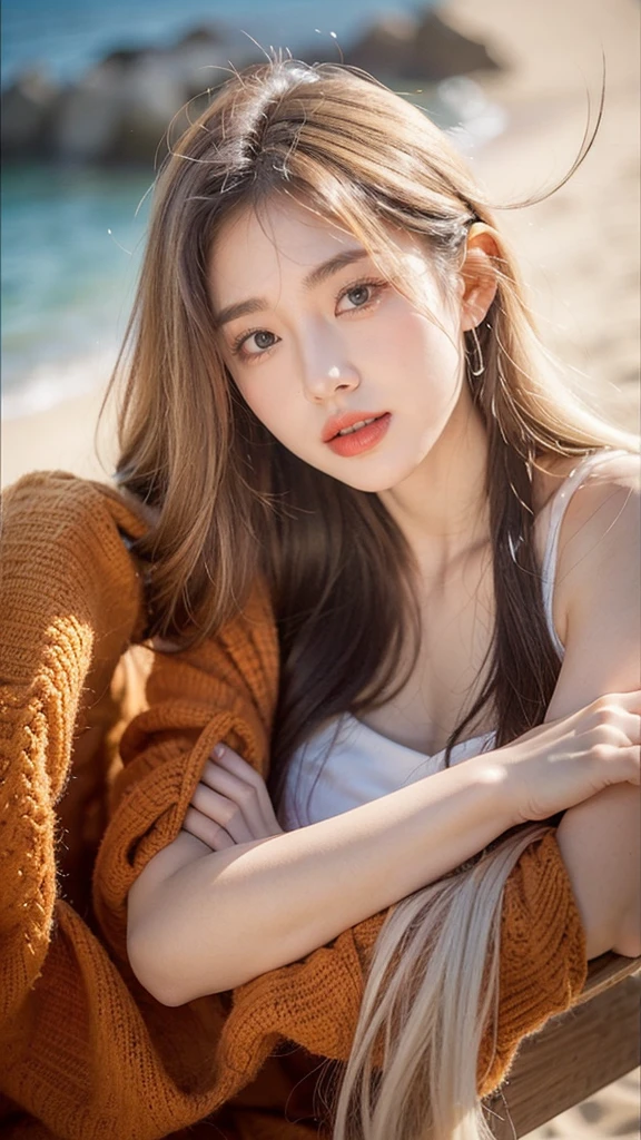 21yo girl, Arafad woman with long white hair sitting on the beach, Portrait of Korean female idol,
