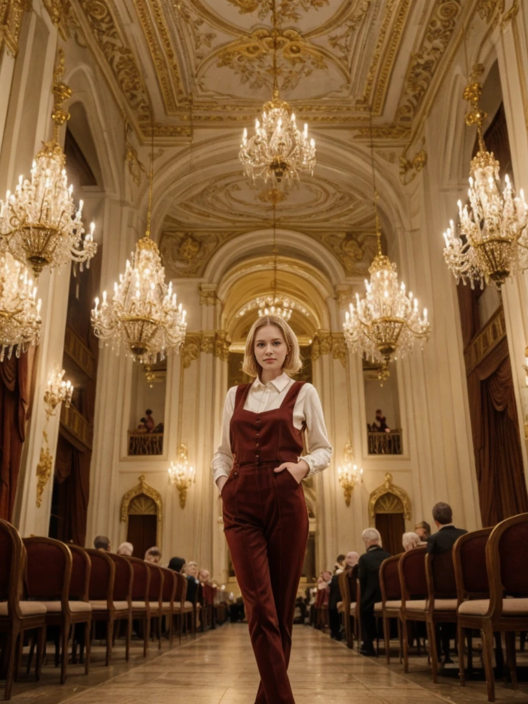 her name is Elle, high quality, 1girl, ((20-year-old fit Caucasian woman)), ((20 years old)), ((fit)), ((pale skin)), short bob blonde hair , wearing Cream Oversized Sweater Vest + High-Waisted Burgundy Plaid Culottes, pose: standing, background: Detail the opulent interior of the Vienna State Opera, with its lavish decorations, grand chandeliers, and the elegant audience dressed for an evening of classical music."