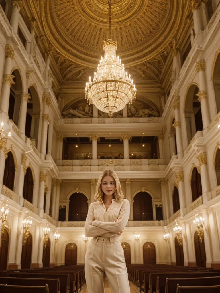 her name is Elle, high quality, 1girl, ((20-year-old fit Caucasian woman)), ((20 years old)), ((fit)), ((pale skin)), short bob blonde hair , wearing Cream Oversized Sweater Vest + High-Waisted Burgundy Plaid Culottes, pose: standing, background: Detail the opulent interior of the Vienna State Opera, with its lavish decorations, grand chandeliers, and the elegant audience dressed for an evening of classical music."