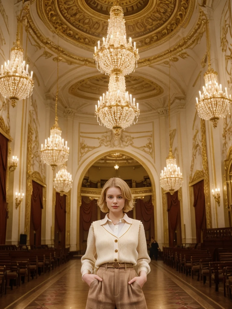 her name is Elle, high quality, 1girl, ((20-year-old fit Caucasian woman)), ((20 years old)), ((fit)), ((pale skin)), short bob blonde hair , wearing Cream Oversized Sweater Vest + High-Waisted Burgundy Plaid Culottes, pose: standing, background: Detail the opulent interior of the Vienna State Opera, with its lavish decorations, grand chandeliers, and the elegant audience dressed for an evening of classical music."