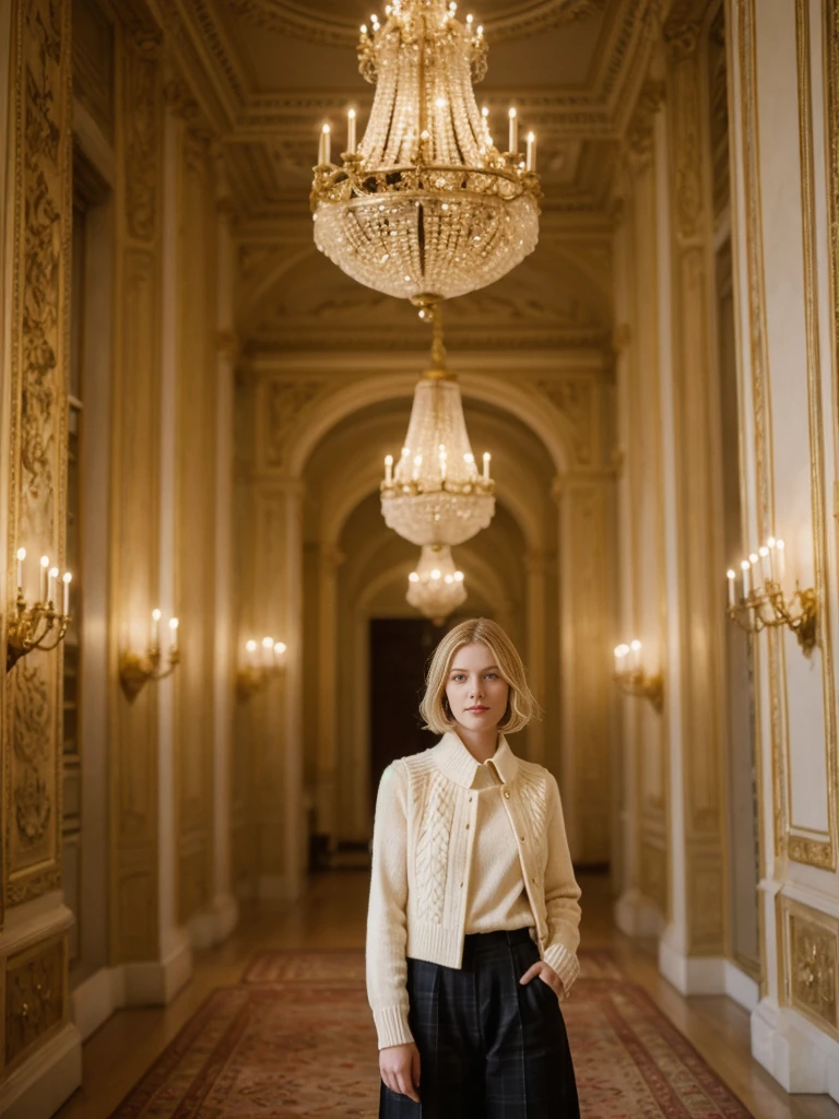 her name is Elle, high quality, 1girl, ((20-year-old fit Caucasian woman)), ((20 years old)), ((fit)), ((pale skin)), short bob blonde hair , wearing Cream Oversized Sweater Vest + High-Waisted Burgundy Plaid Culottes, pose: standing, background: Detail the opulent interior of the Vienna State Opera, with its lavish decorations, grand chandeliers, and the elegant audience dressed for an evening of classical music."