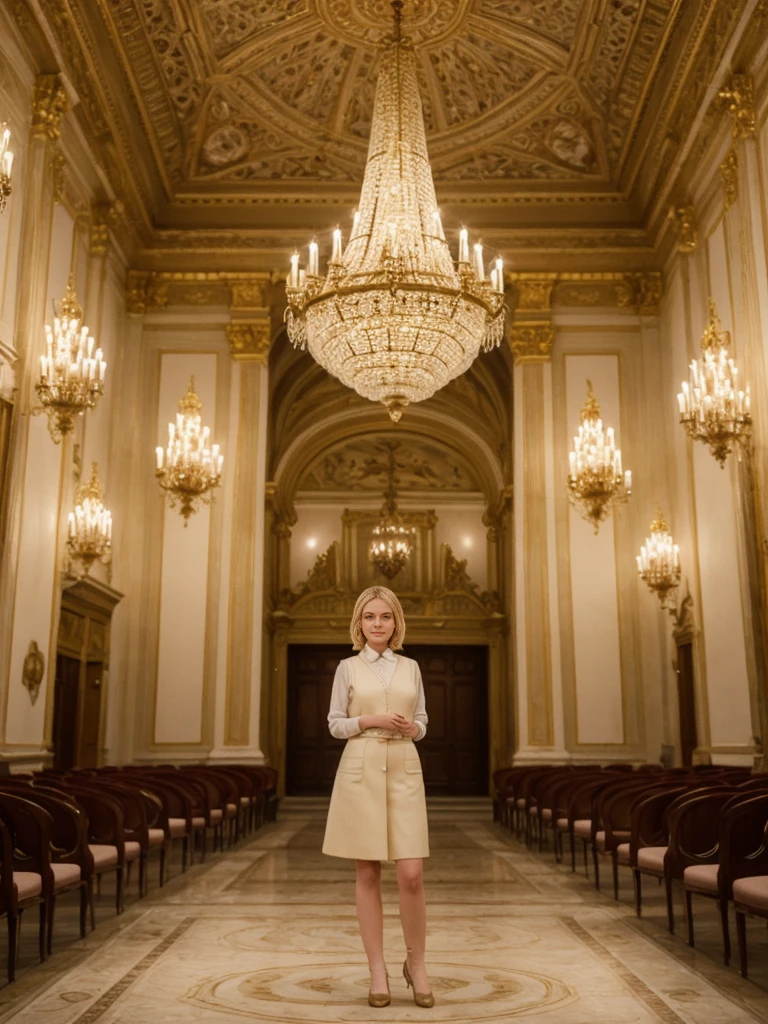 her name is Elle, high quality, 1girl, ((20-year-old fit Caucasian woman)), ((20 years old)), ((fit)), ((pale skin)), short bob blonde hair , wearing Cream Oversized Sweater Vest + High-Waisted Burgundy Plaid Culottes, pose: standing, background: Detail the opulent interior of the Vienna State Opera, with its lavish decorations, grand chandeliers, and the elegant audience dressed for an evening of classical music."