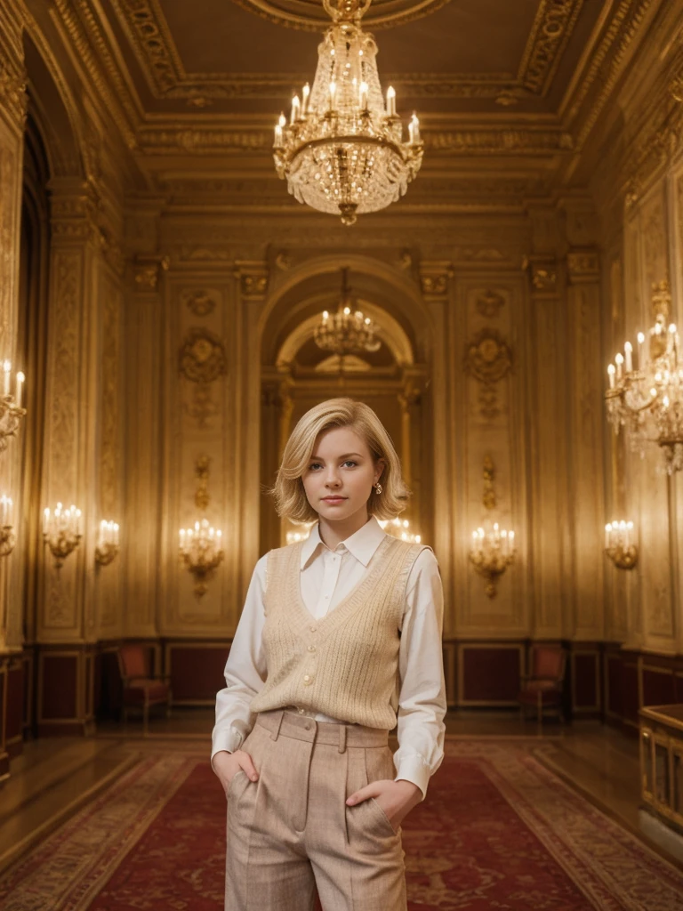 her name is Elle, high quality, 1girl, ((20-year-old fit Caucasian woman)), ((20 years old)), ((fit)), ((pale skin)), short bob blonde hair , wearing Cream Oversized Sweater Vest + High-Waisted Burgundy Plaid Culottes, pose: standing, background: Detail the opulent interior of the Vienna State Opera, with its lavish decorations, grand chandeliers, and the elegant audience dressed for an evening of classical music."