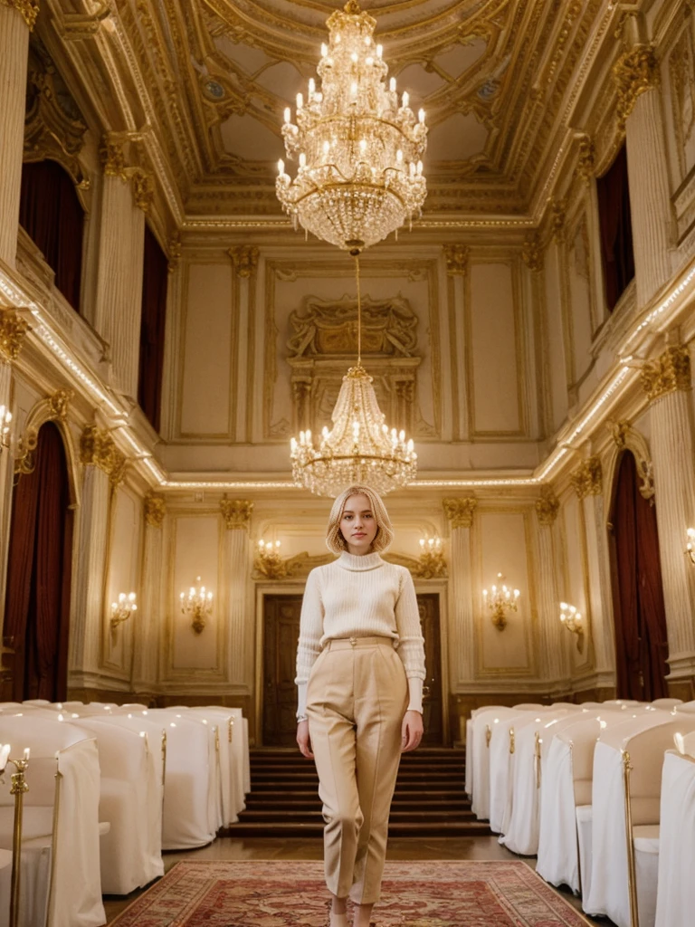 her name is Elle, high quality, 1girl, ((20-year-old fit Caucasian woman)), ((20 years old)), ((fit)), ((pale skin)), short bob blonde hair , wearing Cream Oversized Sweater Vest + High-Waisted Burgundy Plaid Culottes, pose: standing, background: Detail the opulent interior of the Vienna State Opera, with its lavish decorations, grand chandeliers, and the elegant audience dressed for an evening of classical music."