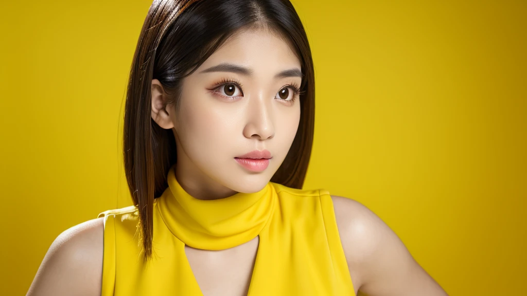 (detailed face),VIVID,pretty,normal breasts,sleeveless and turtle neck yellow silky clothes,4k ,super high resolution ,(photo-realistic: 1.7), yellow background,black long hair,