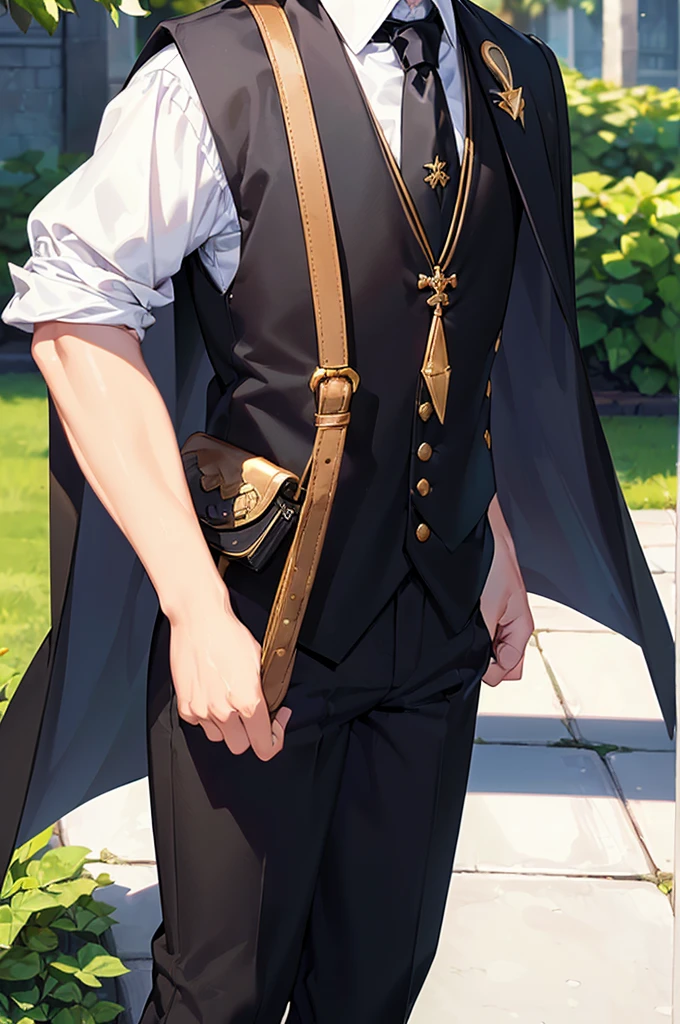 (masterpiece; best quality: 1.2), (finely detailed eyes: 1.3), ((1 male little boy)), ((solo)), (yellow eyes: 1.4), (body; short, slender: 1.3), (short white hair: 1.3), (beautiful and clear background: 1.2), ((depth of field)), (clothes: black vest + white shirt + black pants + black cape + black-and-gold necktie + traveler satchel and pouches: 1.3), (anime illustration: 1.2), (background; garden exterior: 1.1), (extremely fine and handsome: 1.1), (shot composition; standing + close-up: 1.5), (expression; calm, stoic: 1.2)