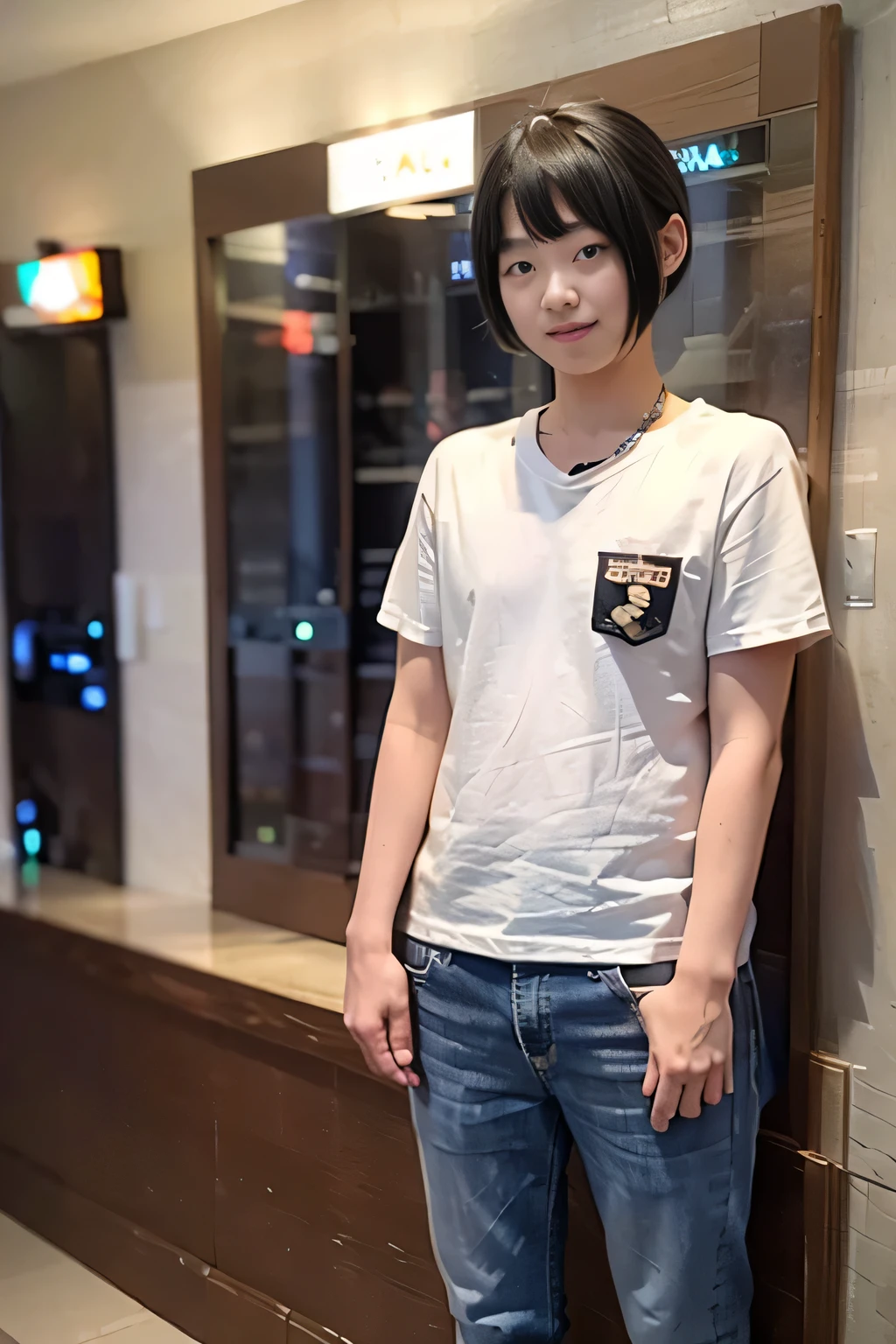 medium shot, ((white T-shirt and blue denim jeans)), japanese lady, pale skin, droopy eyes, 21 year old,(Black short bowl cut hair with blunt bangs:1.3),((standing)), high quality:1.3, shoot from below,Professional lighting:2.0 realistic:1.2, 4k resolution, detailed skin, masterpiece:1.1, heyapanel, lovehotel, reception, scenery, japan,(smile),night,