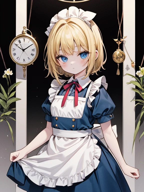 masterpiece, Highest quality, Very detailed, 16K, Ultra-high resolution, Cowboy Shot, Alice in Wonderland, ****************, Detailed face, blue eyes, blonde, Braiding, Long Hair, Ribbon on head, Blue clothes, White apron, 大きなclockのある部屋で, clock, 壁clock, Music Box