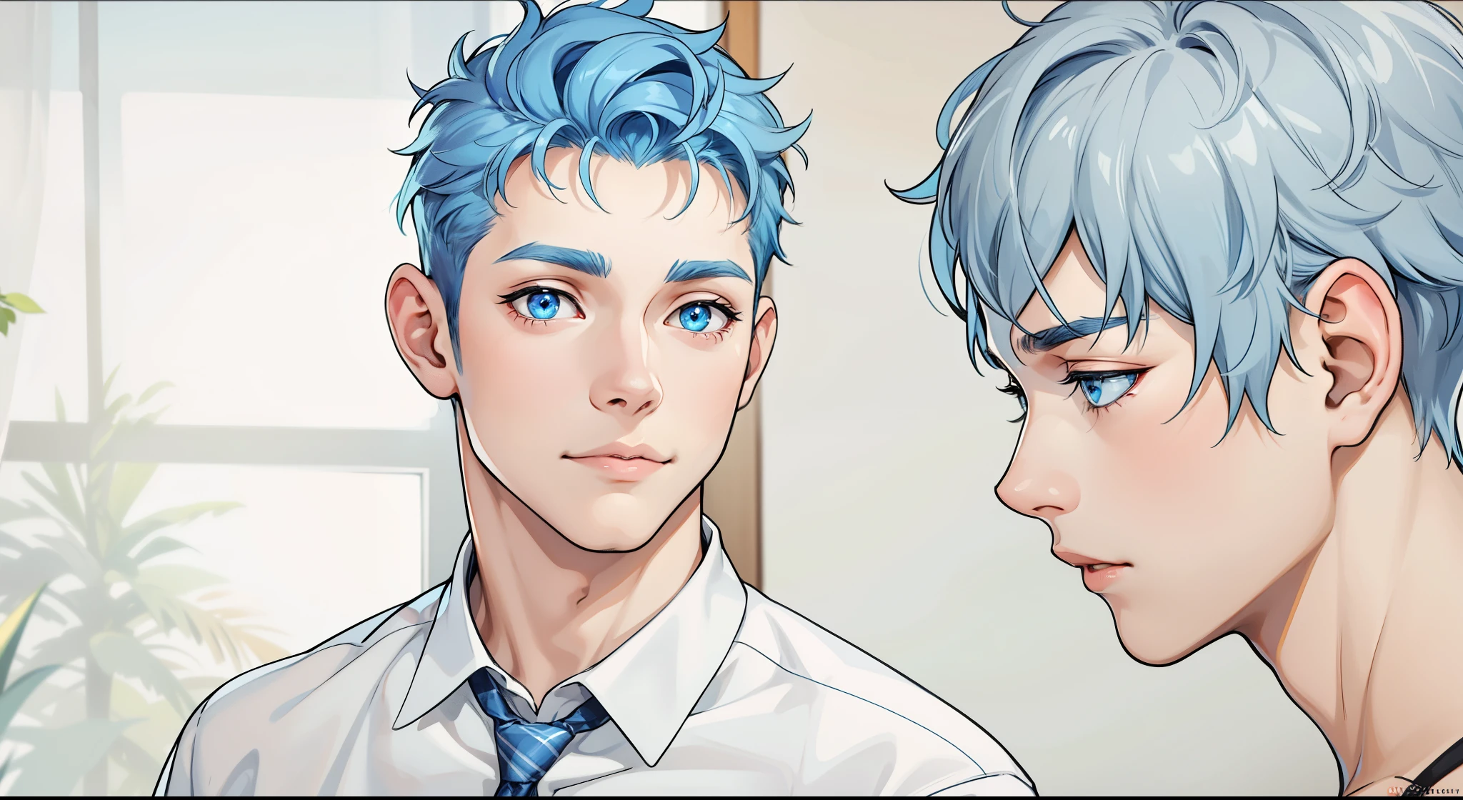 two cute boys with blue hair and the other with black hair and blue eyes