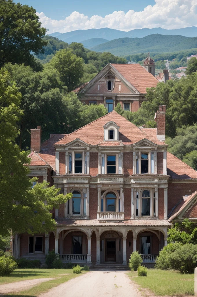 A small town with an abandoned mansion 