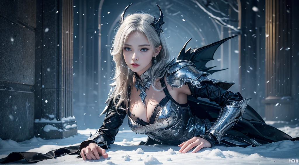 original photo, (best quality:1.3), high resolution, (masterpiece), (lifelike:1.4), Professional photography, Clear focus, High Dynamic Range, 8k resolution, Intricate details, Fine details, Depth of Field, Extremely detailed CG unified 8k wallpaper, masterpiece,poster,best quality,Official Art,(Beauty and aesthetics:1.2),(masterpiece:1.3),Miss,personal,Light Leather Armor,complex pattern,winter,Snow Mountain,Medium distance photography,(midnight),dramatic,Giant bat wings,
