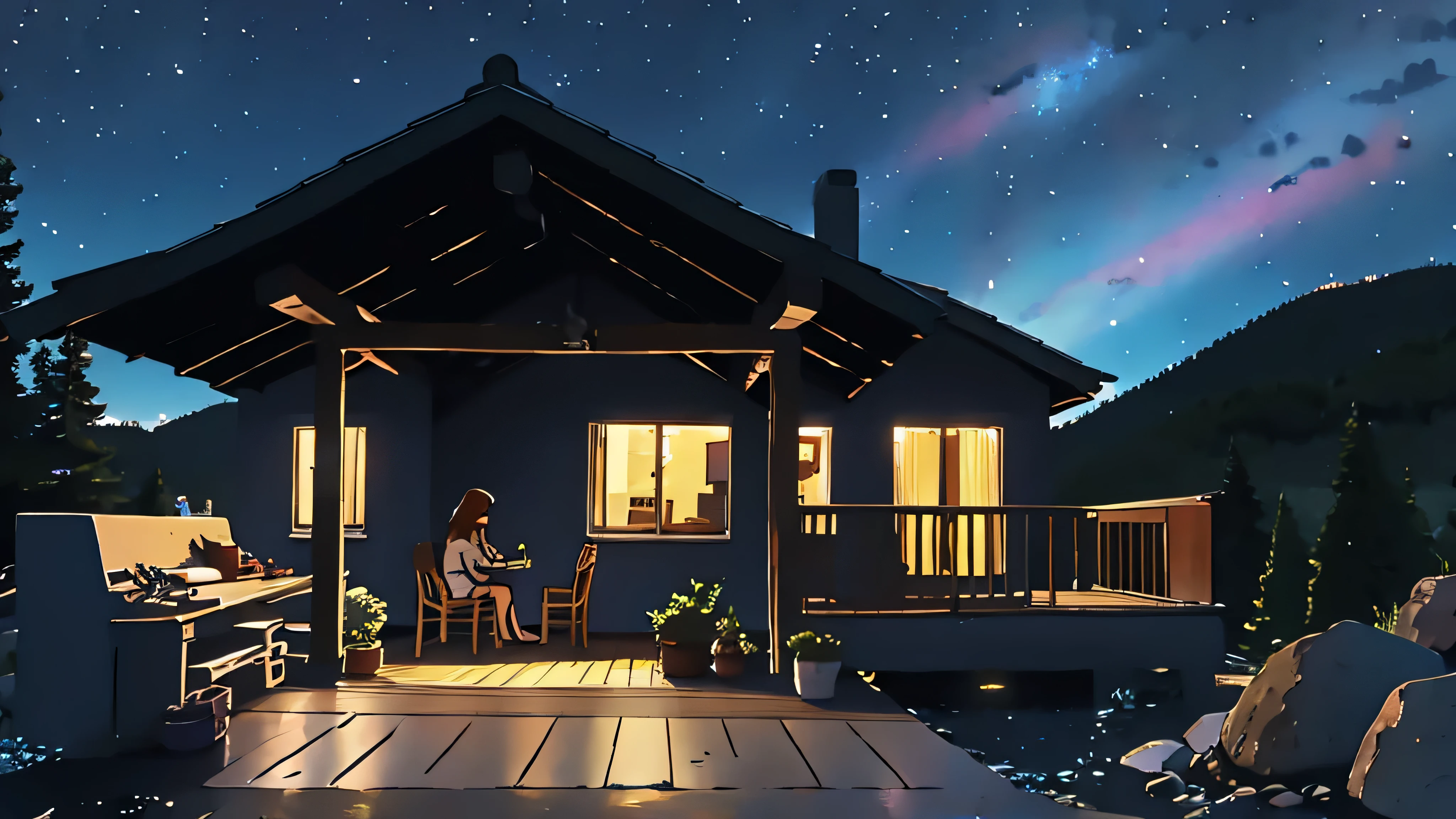 a girl sitting on a porch with a fox, with a view of the night sky