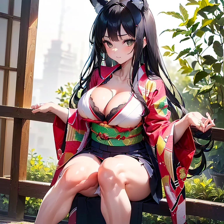 (Fox Girl, Fox Ears, Black colored hair, Fox Makeup, One Girl, Long Hair:1.6), (kimono, Kimono with open chest, A beautiful kimono with red and black patterns, I can see her cleavage, Open chest, Exposed skin:1.8), (Body size is 100-70-90!, Nice body, Big Breasts, Soft breasts, Emphasize cleavage, Knees are slightly visible, Muscular, Abdominal muscles, Grab your own chest:1.9), Avatar, face, lewd face, Dominant representation, naughty face, Uplifting, Skin Texture, outside, Grassy field