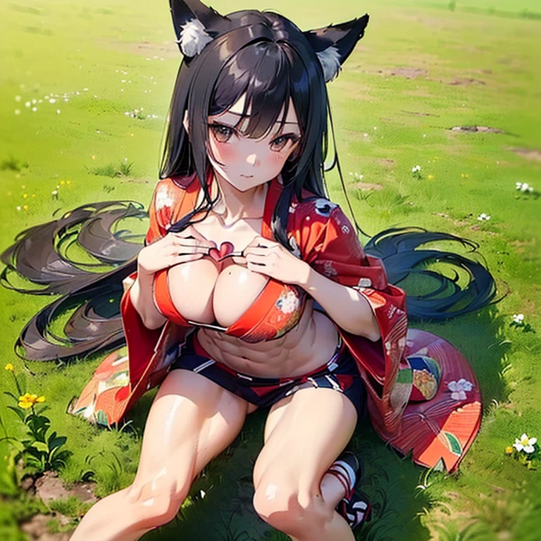 (Fox Girl, Fox Ears, Black colored hair, Fox Makeup, One Girl, Long Hair:1.6), (kimono, Kimono with open chest, A beautiful kimono with red and black patterns, I can see her cleavage, Open chest, Exposed skin:1.8), (Body size is 100-70-90!, Nice body, Big Breasts, Soft breasts, Emphasize cleavage, Knees are slightly visible, Muscular, Abdominal muscles, Grab your own chest:1.9), Avatar, face, lewd face, Dominant representation, naughty face, Uplifting, Skin Texture, outside, Grassy field