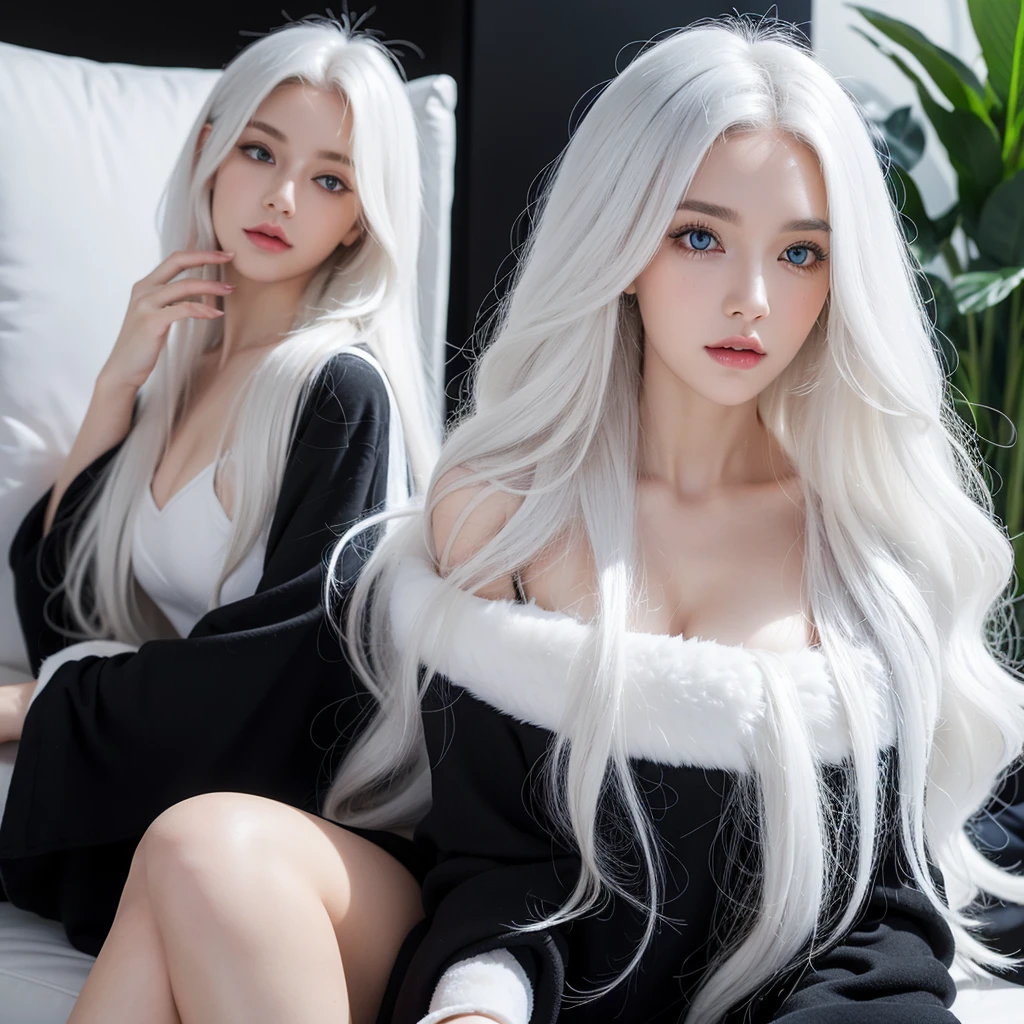 Dream atmosphere, ultra-detailed, young silver-haired girl (Sharon Tate), pale-gray hair (with hair fringe), very sensual, light eyes, bright pale skin, realistic shadows, in tight gothic clothes, big ass, thick legs, Wearing extremely tight black panties, pantyhose, wearing a mini blouse, textures realistic, very realistic, extremely sexy, 8K, 8K extremely detailed), (an extremely delicate and beautiful), (masterpiece), (best quality: 1.0), (ultra high resolution: 1.0)