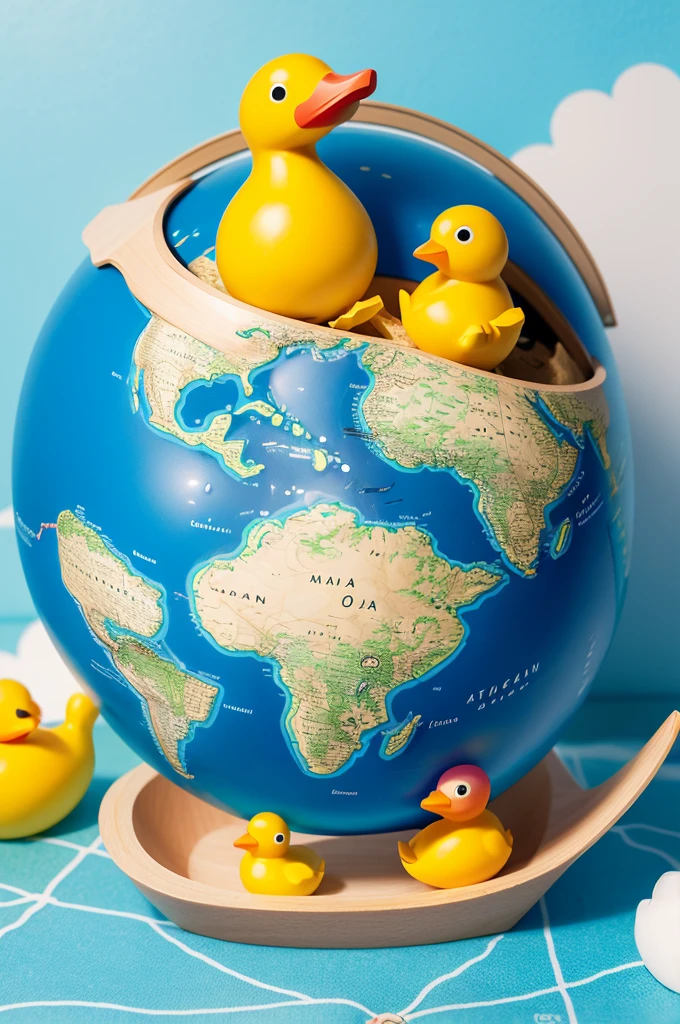 Create an image of a world map globe with a rubber ducky sailing on a paper boat on top