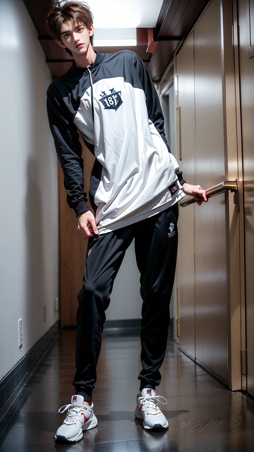 masterpiece,best quality,Front view，Stay away from the camera， (An 18-year-old tall boy:1.2), 190cm tall，(Standing upright in the campus corridor:1.2),（Football Jersey）,Broad shoulders,Muscular shoulders，（Extremely strong body），Muscular body，Attractive and fit body，Inverted triangle figure，Biceps，Highlight muscle texture， Muscular body，Long and strong legs，sports shoes，Small head，Handsome and cute face，V-Shaped Face，Perfectly detailed facial features,Looking at the camera，Innocent expression，leaning back,head tilt, happy, very short hair, brown hair,(looking at viewer:1.2)，Vision