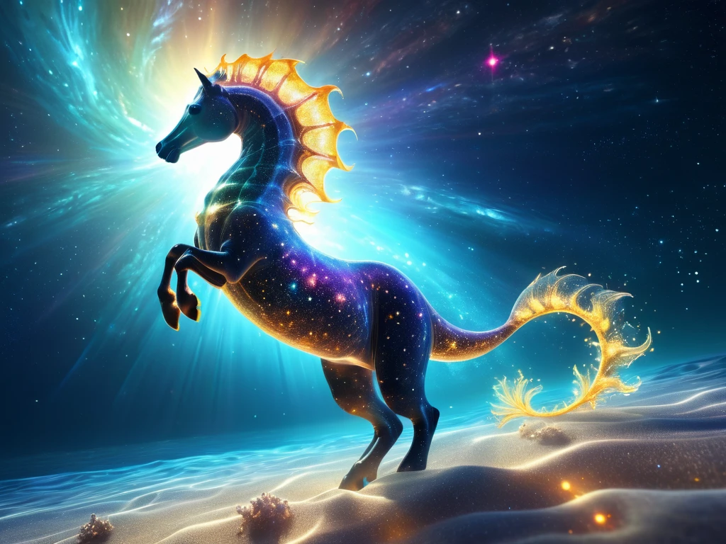a delicate cosmic sea Hippocampus of ((transparent))skin, In the vast and colorful universe, the hippocampus is translucent and it's Ethereal body formed by glowing stars and bright Golden cosmic dust, the Hippocampus travels on sunflares fire of a near sun flares, this ultra detailed sharp digital illustration, depicts an Ethereal an galactic atmosphere, surreal and fantastic, 4k, bioluminiscent, other wordly, synthwave, long shot, wide angle,