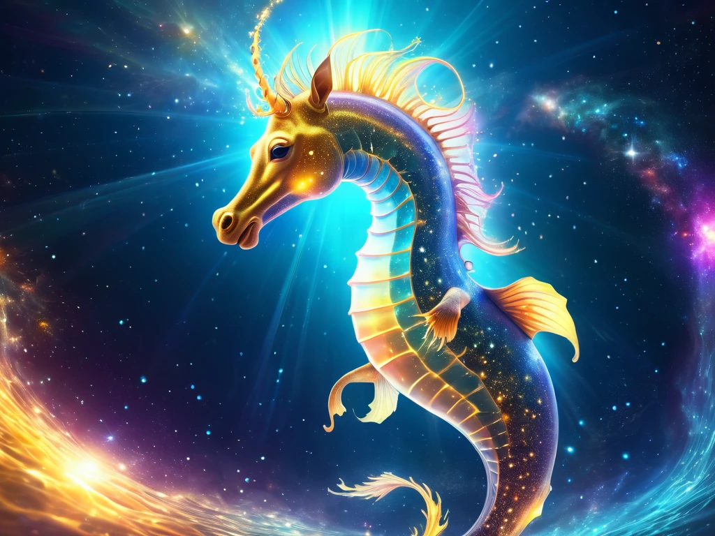a delicate cosmic sea Hippocampus of ((transparent))skin, In the vast and colorful universe, the hippocampus is translucent and it's Ethereal body formed by glowing stars and bright Golden cosmic dust, the Hippocampus travels on sunflares fire of a near sun flares, this ultra detailed sharp digital illustration, depicts an Ethereal an galactic atmosphere, surreal and fantastic, 4k, bioluminiscent, other wordly, synthwave, long shot, wide angle,