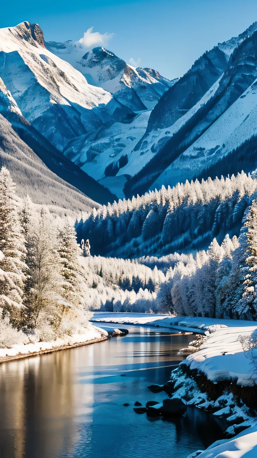 create me a river with mountains in winter