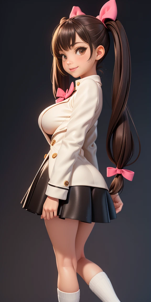 young girl (very sexy), big round breasts, Long collar coat, square mini skirt, wide legs (Portal illness), long socks, wide hip, skinny toned, profile stop, face flirting with the viewer, dark brown hair (two pigtails with a bow), sexy smile, hot