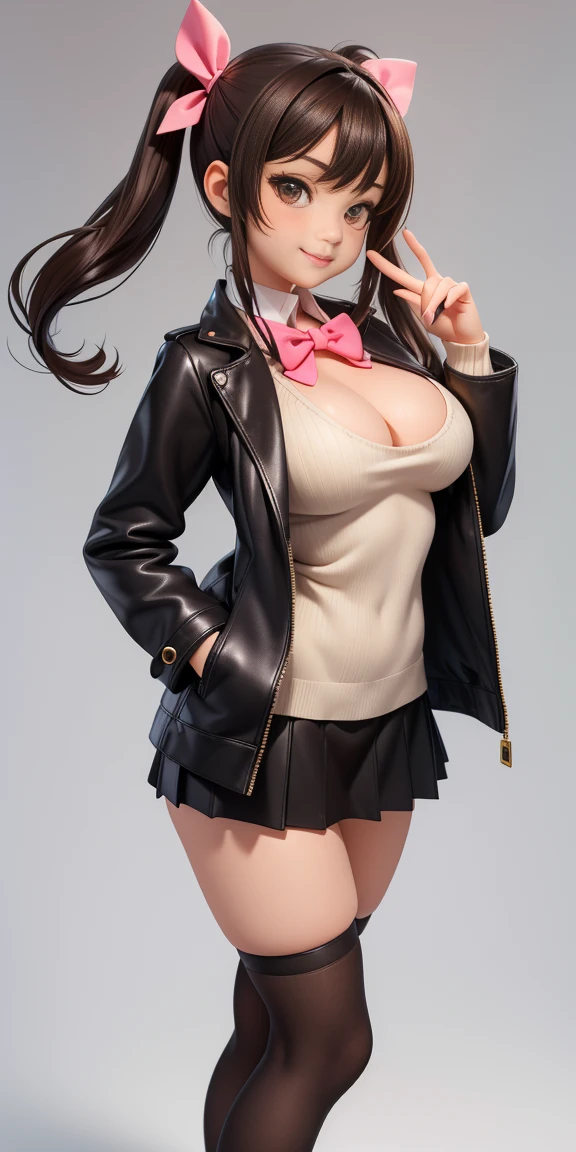 young girl (very sexy), big round breasts, Long collar coat, square mini skirt, wide legs (Portal illness), long socks, wide hip, skinny toned, profile stop, face flirting with the viewer, dark brown hair (two pigtails with a bow), sexy smile, hot