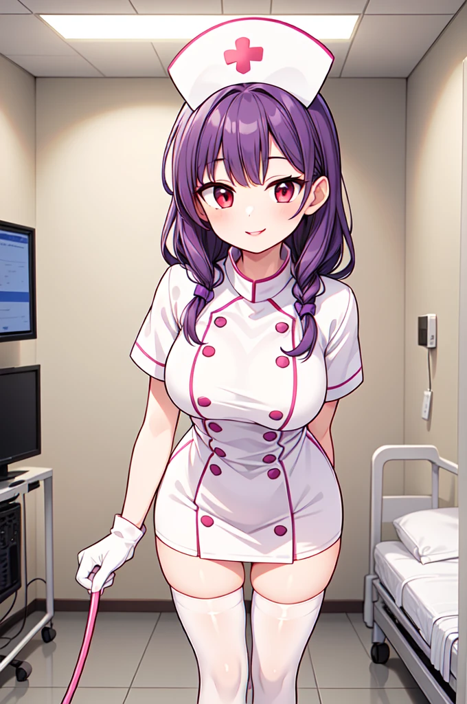 1woman, solo, nurse, white nurse cap, white nurse uniform, ((white legwear, zettai ryouiki)), white gloves, long hair, purple hair, red eyes, pink lips, smile, standing, ((hospital room)), sharp outline, short sleeves, mature female, 35 years old, best quality, masterpiece