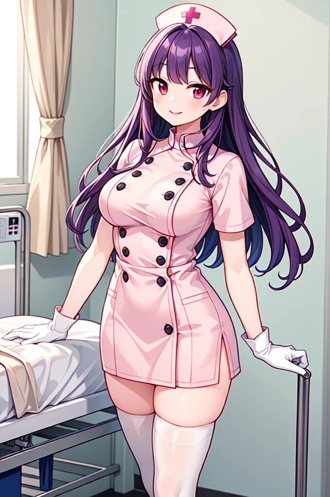 1woman, solo, nurse, white nurse cap, white nurse uniform, ((white legwear, zettai ryouiki)), white gloves, long hair, purple hair, red eyes, pink lips, smile, standing, ((hospital room)), sharp outline, short sleeves, mature female, 35 years old, best quality, masterpiece