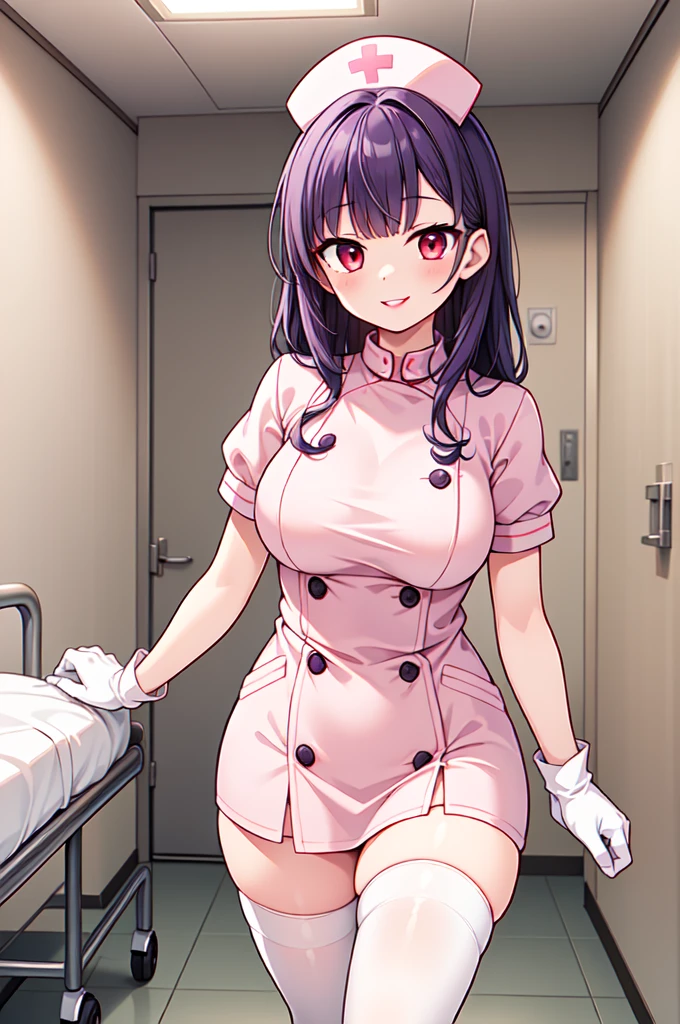 1woman, solo, nurse, white nurse cap, white nurse uniform, ((white legwear, zettai ryouiki)), white gloves, long hair, purple hair, red eyes, pink lips, smile, standing, ((hospital room)), sharp outline, short sleeves, mature female, 35 years old, best quality, masterpiece