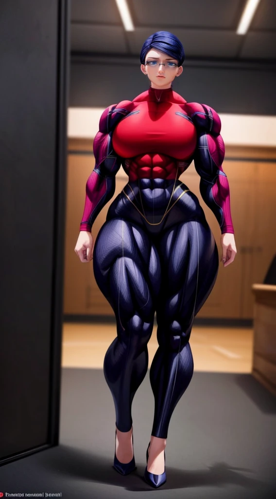 a muscular female bodybuilder in red bra inside office suit and her hair is dark blue and a bit red gradient from end to the right side of head, detailed face, beautiful detailed eyes, beautiful detailed lips, extremely detailed face and muscles, long eyelashes, strong muscles bulging through suit, dynamic pose, professional studio lighting, hyperrealistic, 8k, high quality, photorealistic, physically-based rendering, concept art, dramatic color palette,((abs))