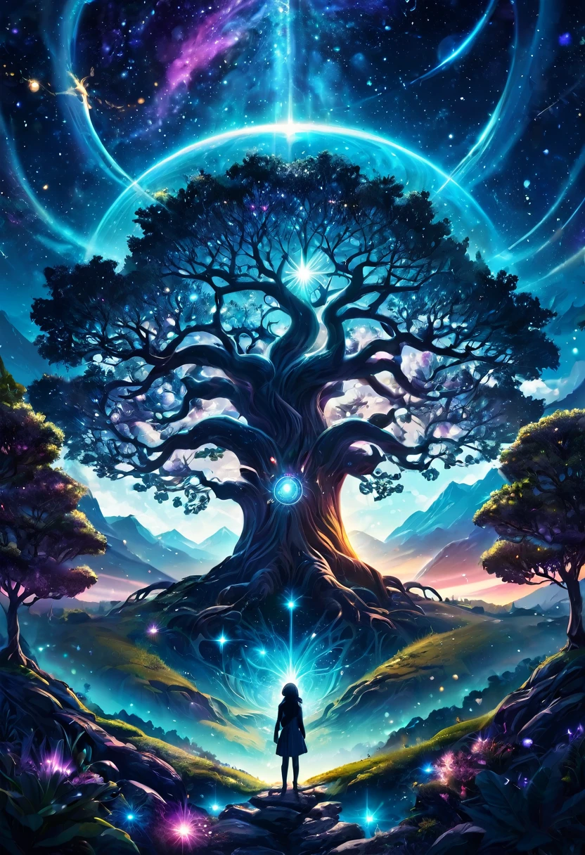 Yggdrasil in outer space, grand visions, memories, big glowing trees, shooting stars, shining lights